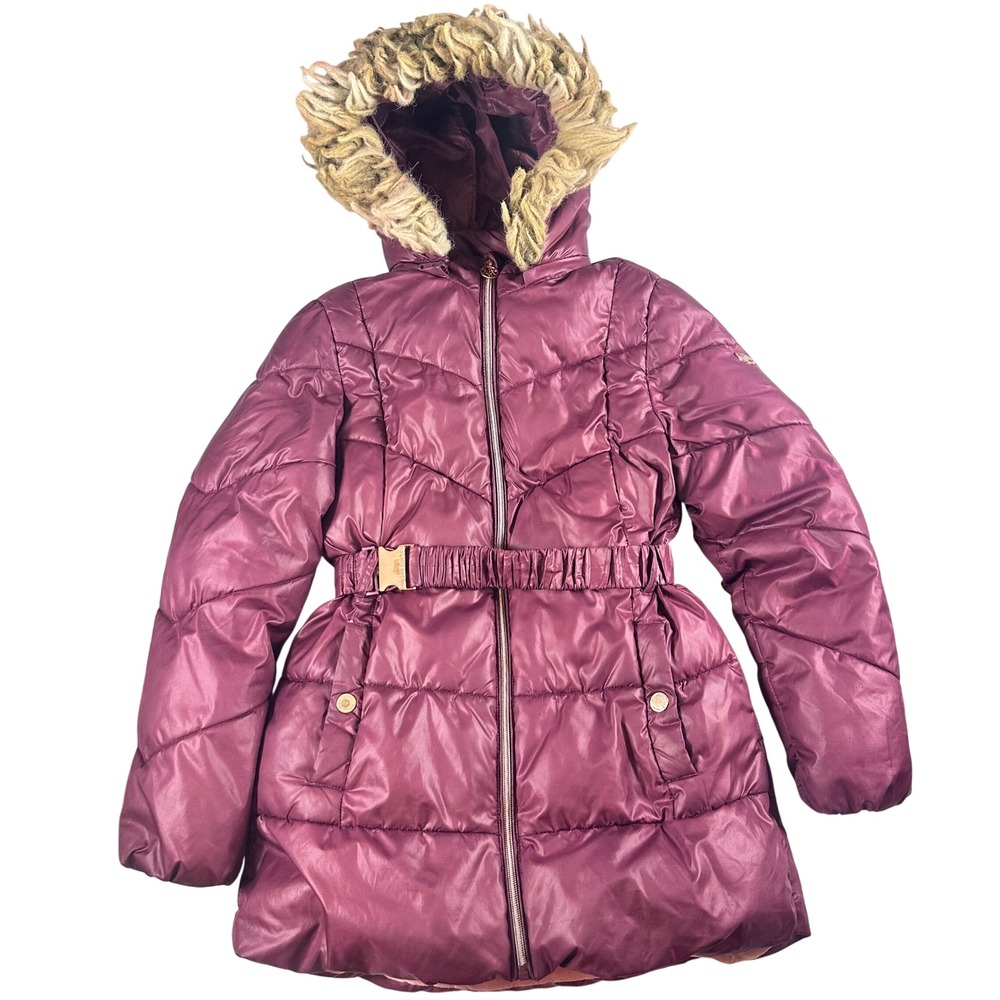 Michael Kors Puffer Jacket Girls 14 Purple Zip Faux Fur Hood Belted Outdoor Coat